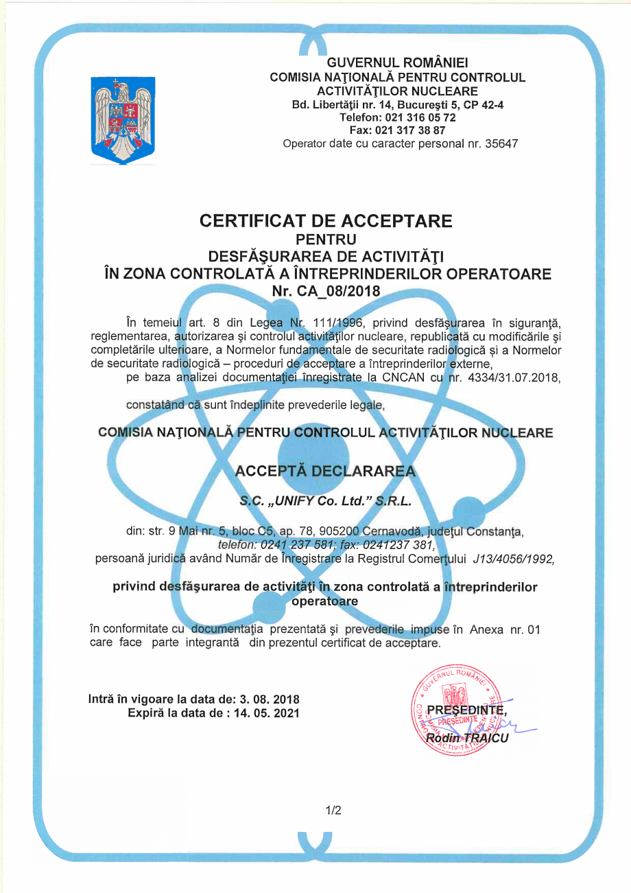 Pagina 1-Certificat de acceptare pentru desfasurarea activitatii in zona controlata  Certificare produs...