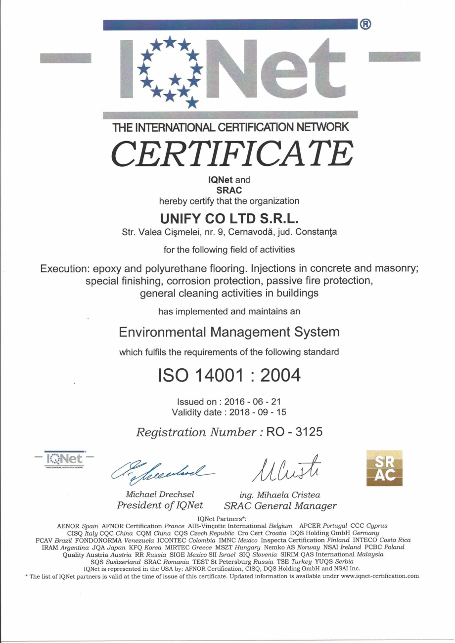Pagina 1-Certificat - IQNet ISO 14001-2004 UNIFY Certificare produs Engleza 