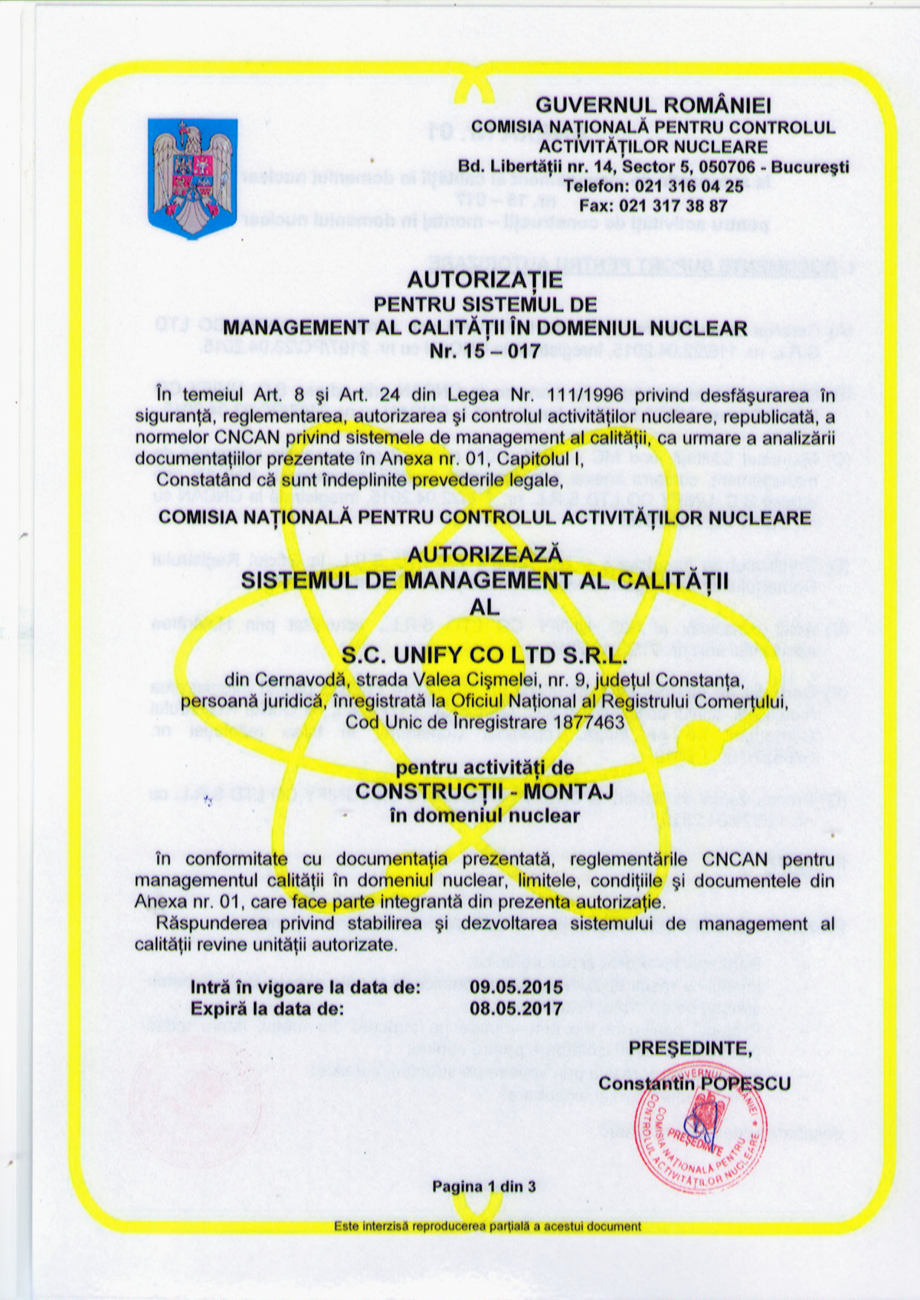 Pagina 1-Autorizatie pentru sistemul de management al calitatii in domeniul nuclear  UNIFY Certificare produs...