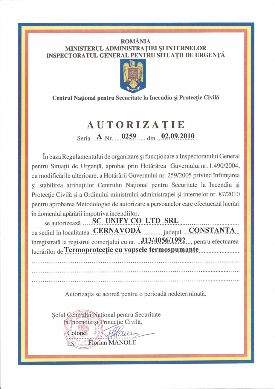 Pagina 1-Autorizatie termoprotectie cu vopsele termospumate UNIFY Certificare produs Romana 