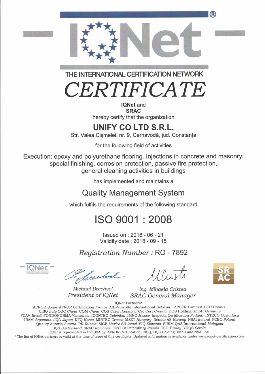 Pagina 1-Certificat - IQNet  ISO 9001-2008 UNIFY Certificare produs Engleza 