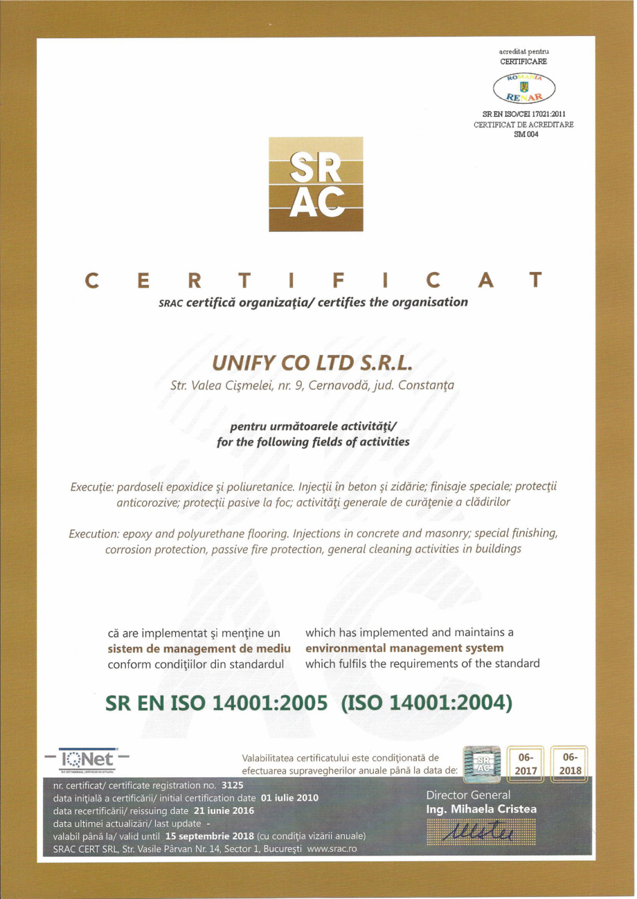 Pagina 1-Certificat SR EN ISO 14001-2005 UNIFY Certificare produs Romana, Engleza 