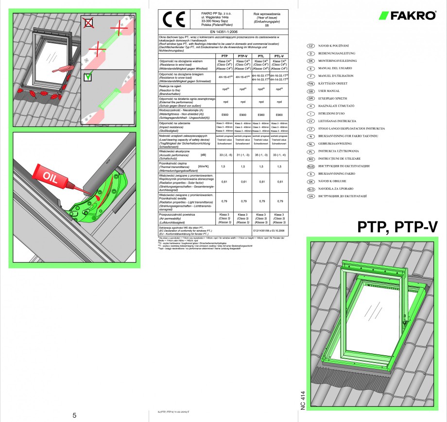 Pagina 1-Ferestre de mansarda cu articulare mediana FAKRO PTP-V Instructiuni montaj, utilizare Romana,...
