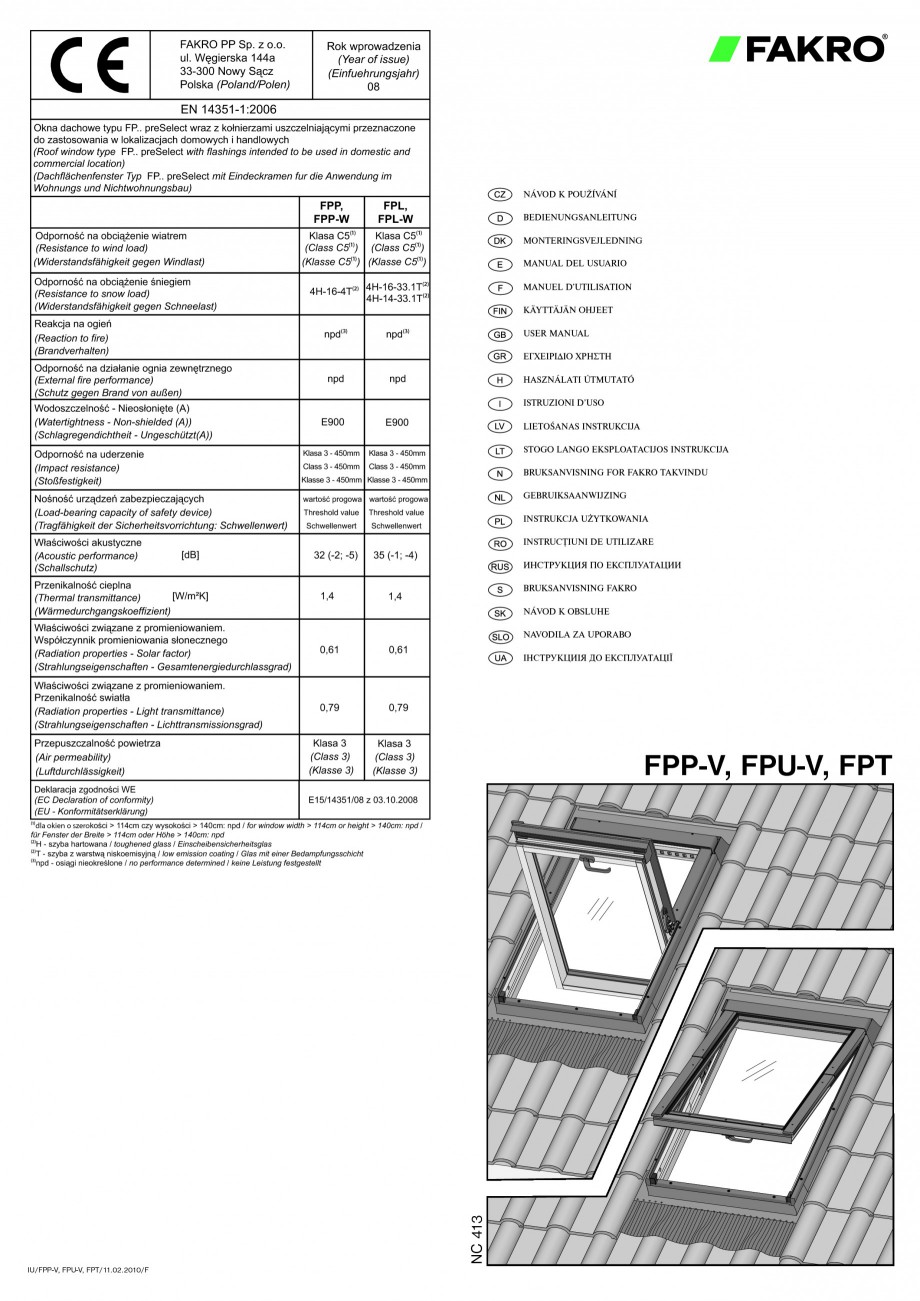Pagina 1-Ferestre de mansarda cu dubla articulare FAKRO FPP-V preSelect, FPU-V preSelect Instructiuni montaj,...