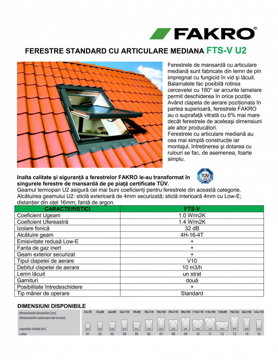 Pagina 1-Fereaste cu articulare mediana FAKRO FTS-V U2 Fisa tehnica Romana FERESTRE STANDARD CU ARTICULARE...