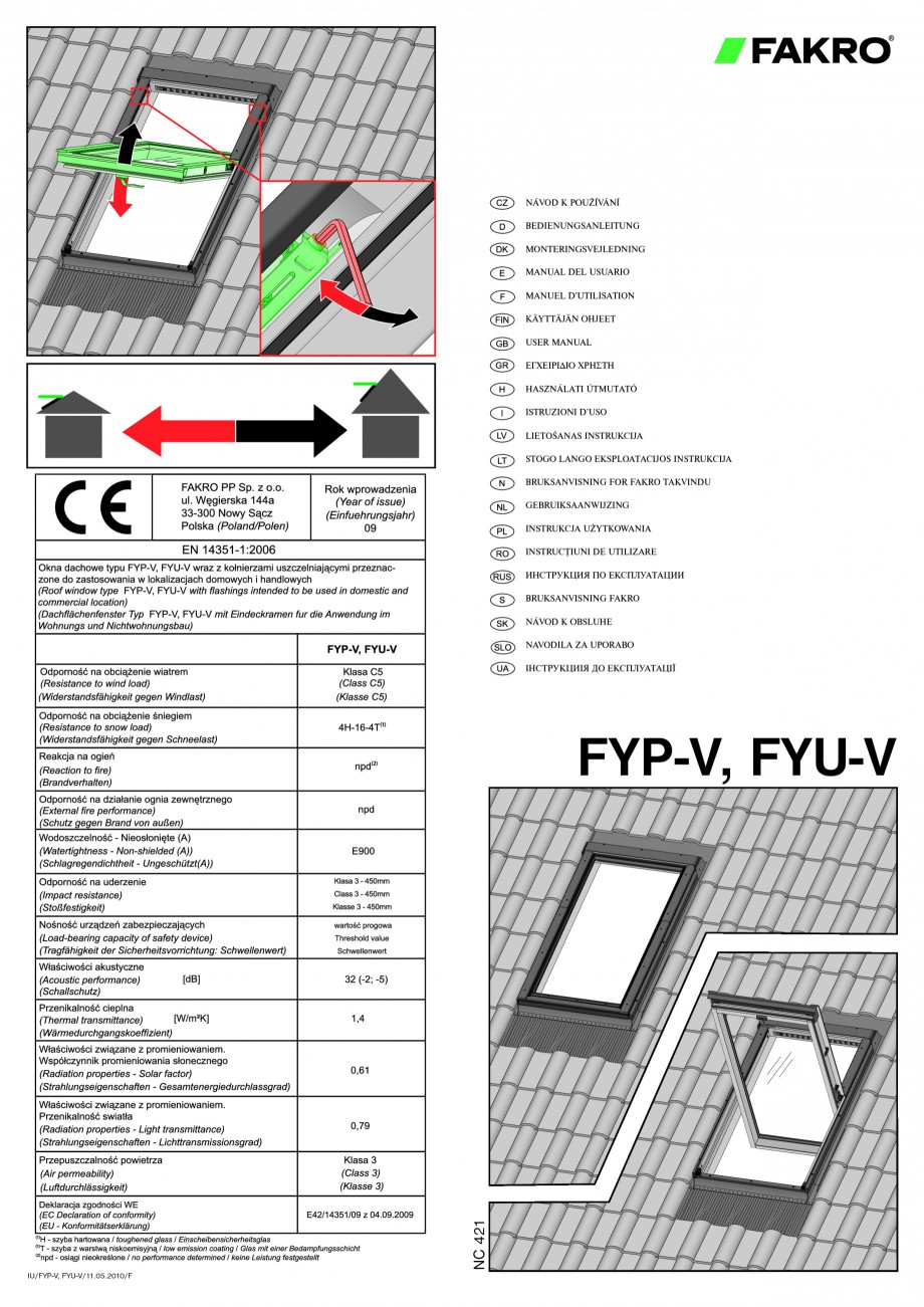 Pagina 1-Ferestre de mansarda superinalte FAKRO FYP-V proSky Instructiuni montaj, utilizare Franceza, Engleza...