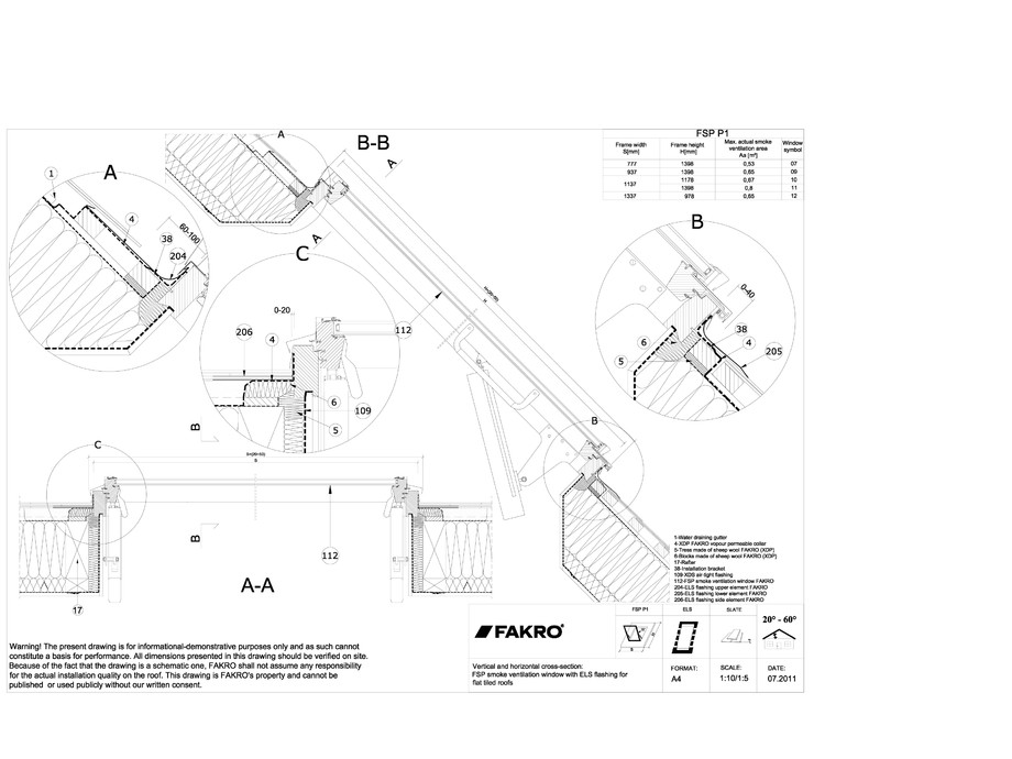 Pagina 1-CAD-DWG Ferestre de evacuare a fumului pentru acoperisuri inclinate FAKRO Detaliu de montaj FSP P1 