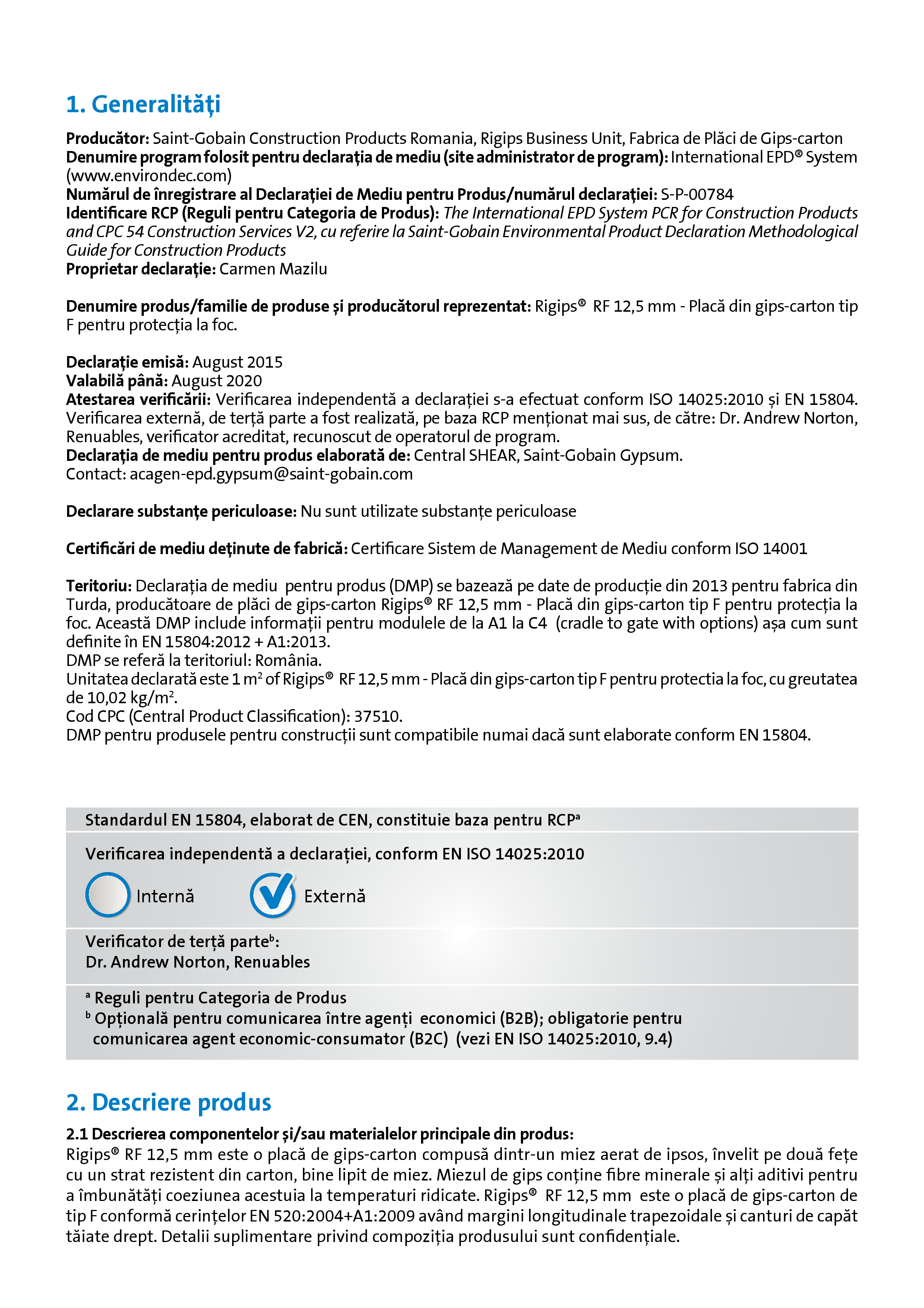 Pagina 2 - Declaratie de mediu pentru Rigips RF tip F 12.5 