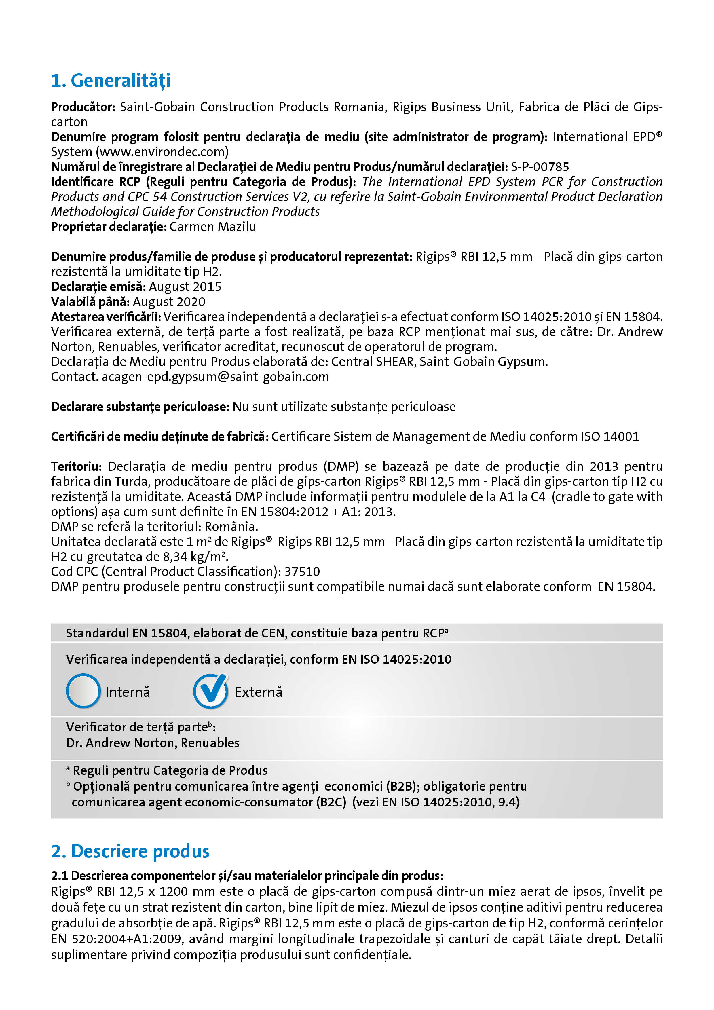 Pagina 2 - Declaratie de mediu pentru Rigips RBI tip H2 12.5  