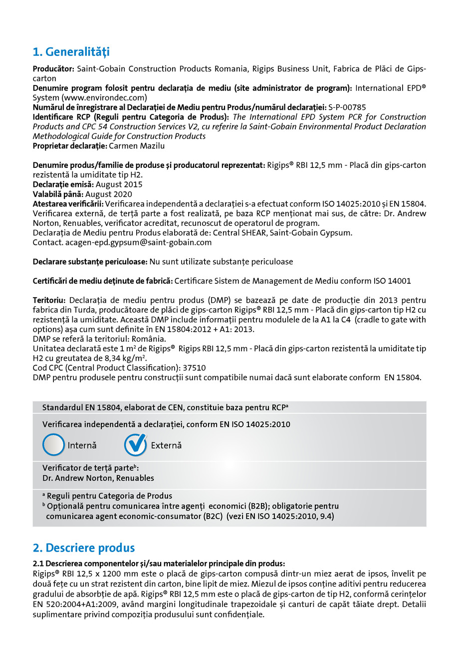 Pagina 2-Declaratie de mediu pentru Rigips RBI tip H2 12.5  