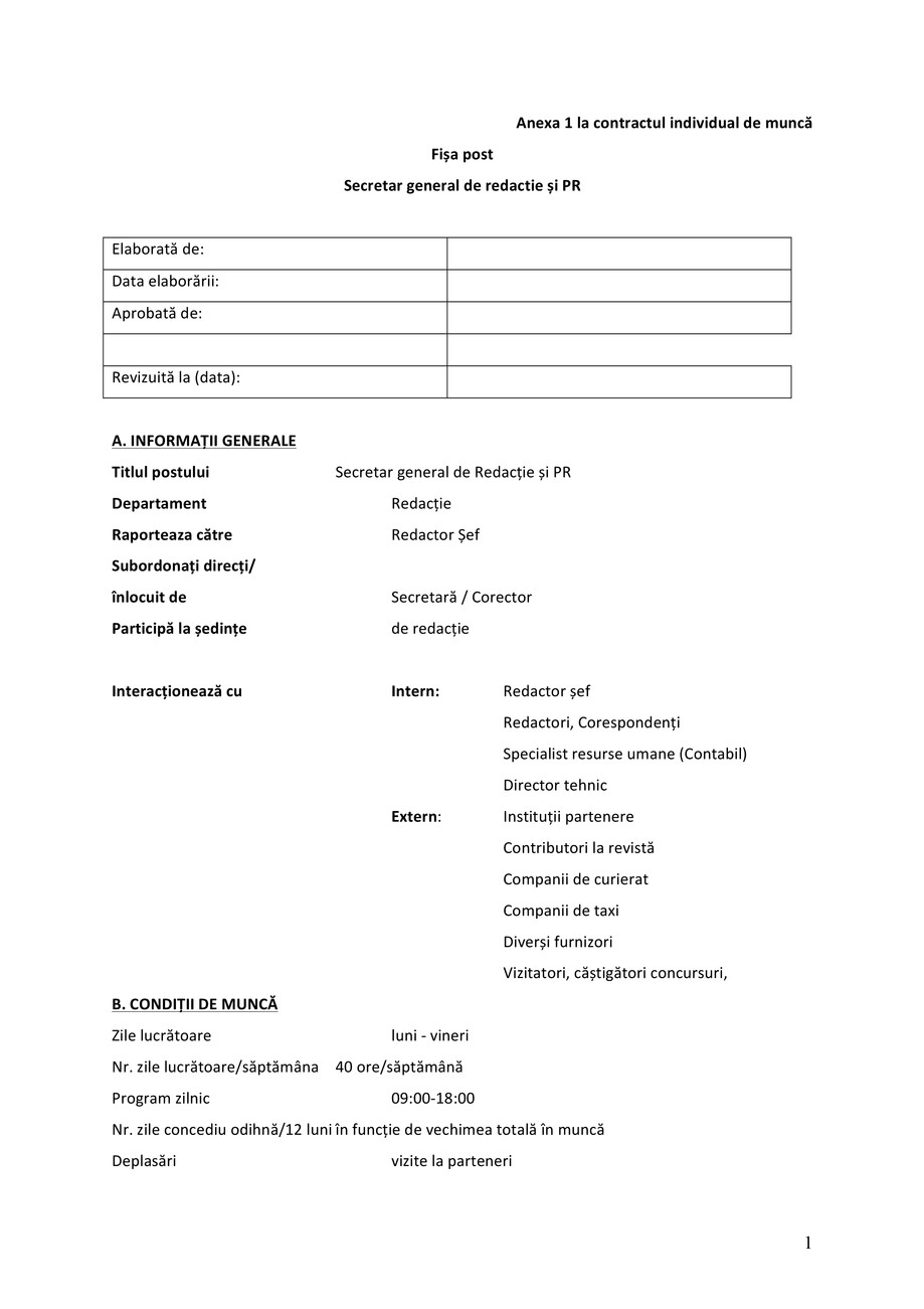 Pagina 1-Fisa post secretar general de redactie pentru revista Arhitectura 