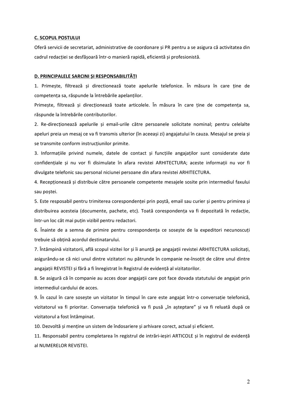 Pagina 2-Fisa post secretar general de redactie pentru revista Arhitectura 