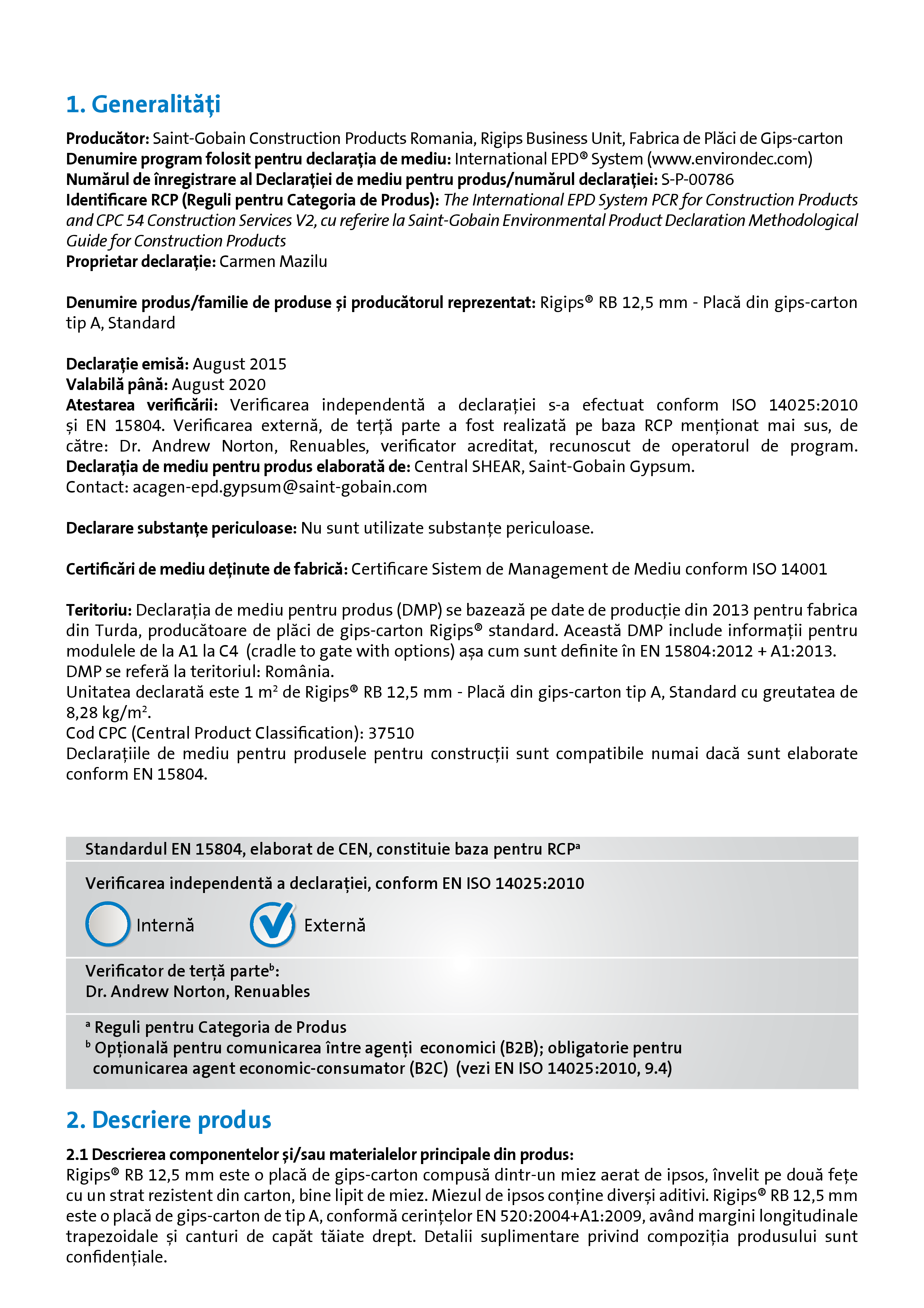 Pagina 2 - Declaratie de mediu pentru Rigips RB tip A 12.5  