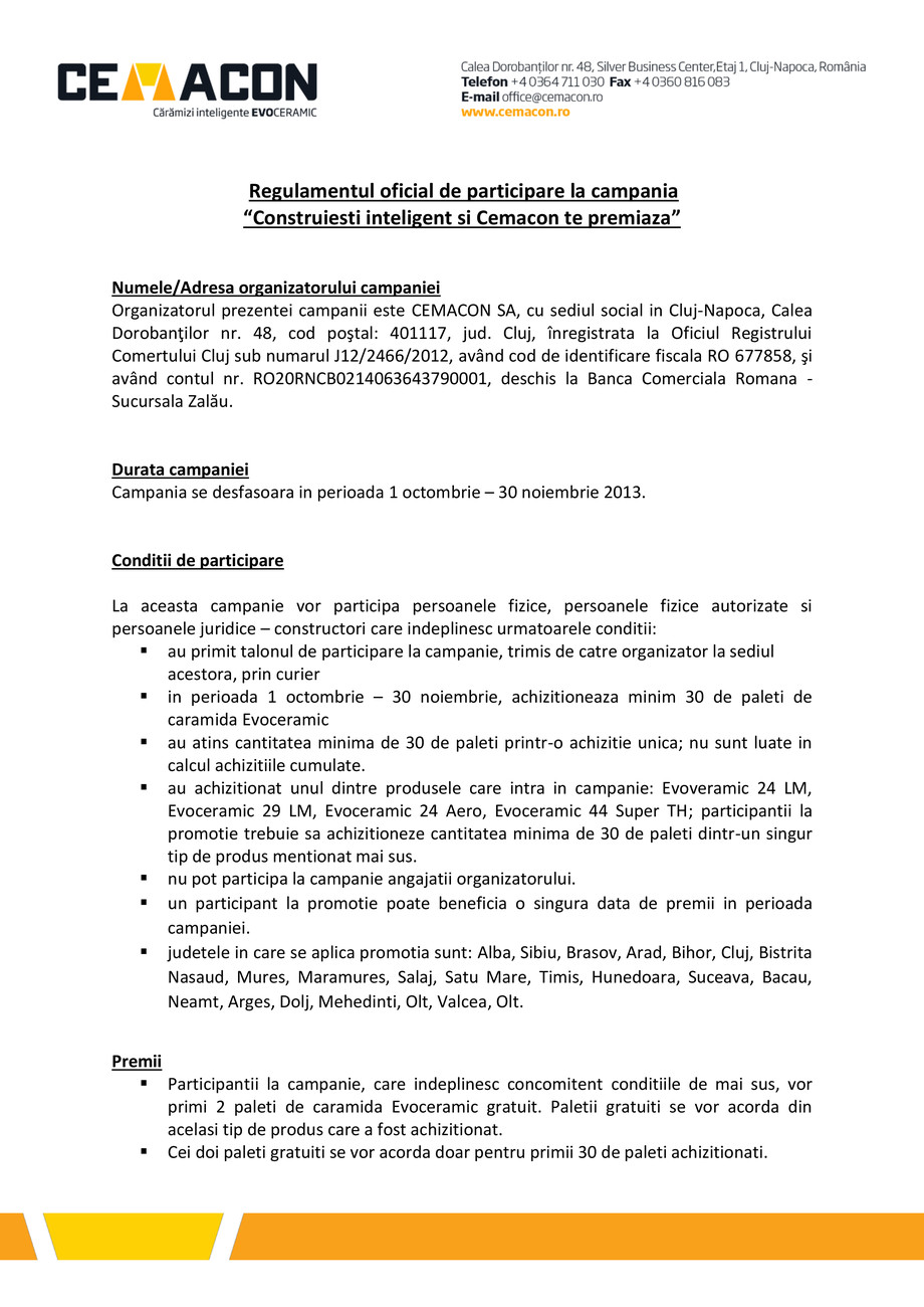 Pagina 1-Regulament campanie Construiesti inteligent si Cemacon te premiaza 