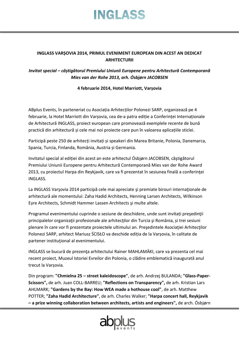 Pagina 1-Conferinta Internationala de Arhitectura INGLASS Varsovia 2014 