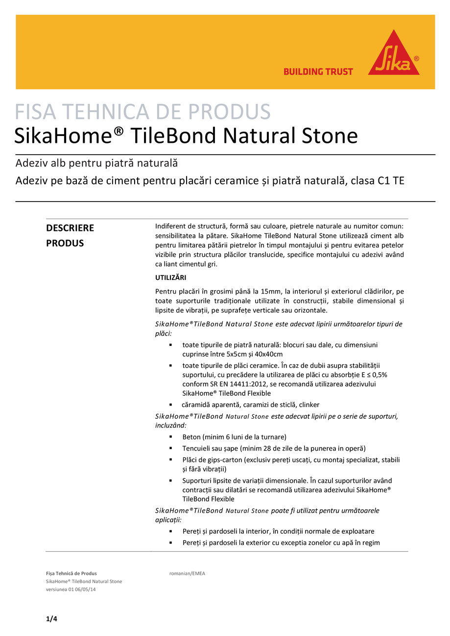 Pagina 1-Adeziv pentru piatra naturala SikaHome TileBond Natural Stone 