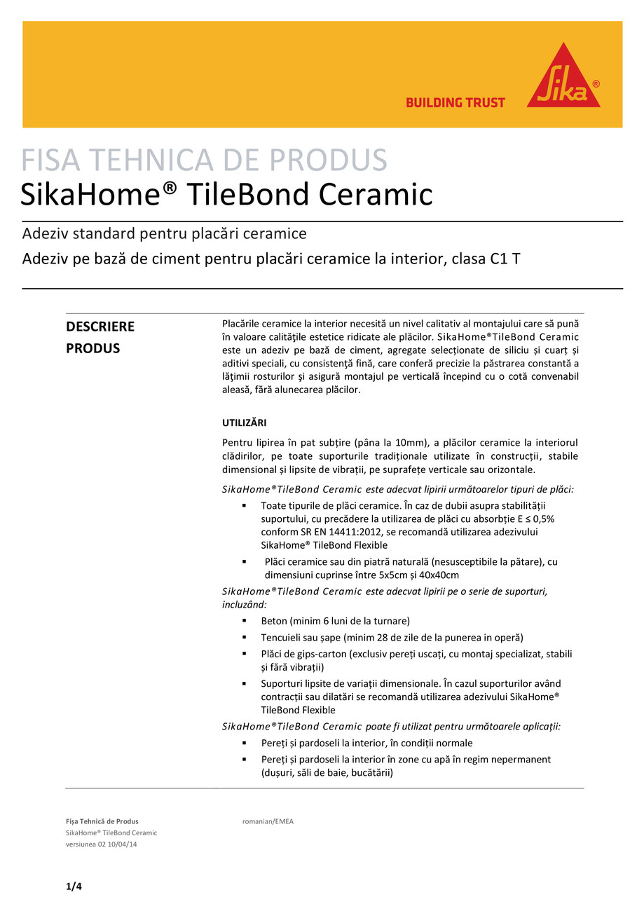 Pagina 1-Adeziv pentru placari ceramice la interior SikaHome TileBond Ceramic 