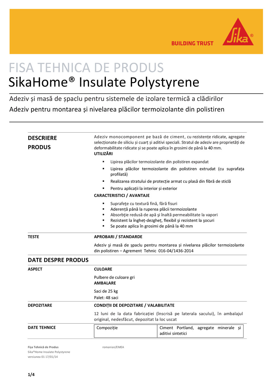 Pagina 1-Adeziv pentru termosistem cu polistiren SikaHome Insulate Polystyrene 