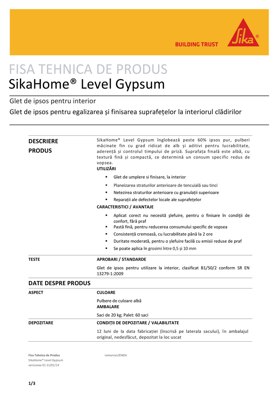 Pagina 1-Glet de ipsos pentru interior SikaHome Level Gypsum 