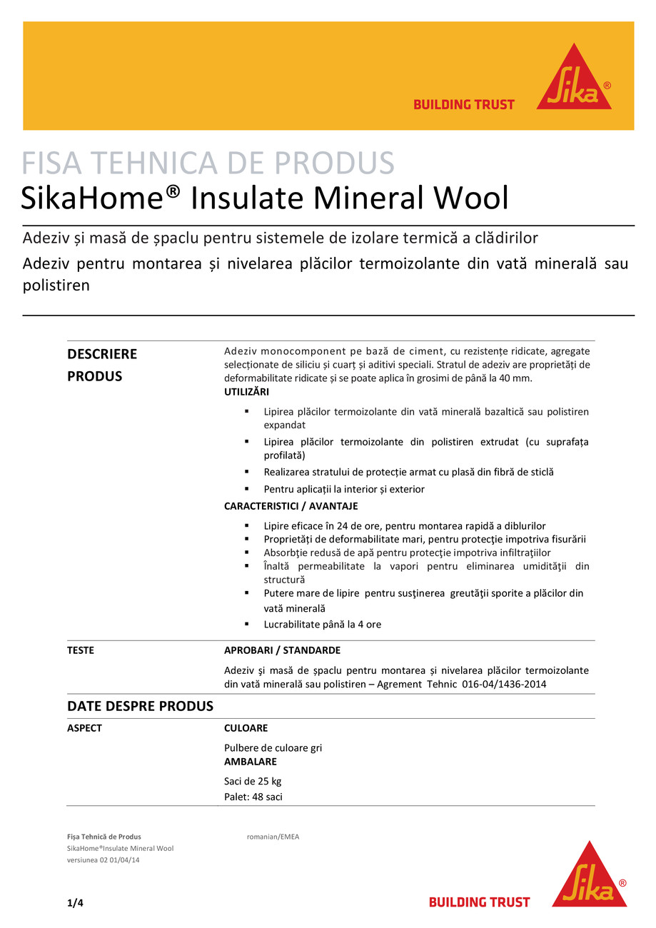 Pagina 1-Adeziv pentru termosistem cu vata minerala SikaHome Insulate Mineral Wool 