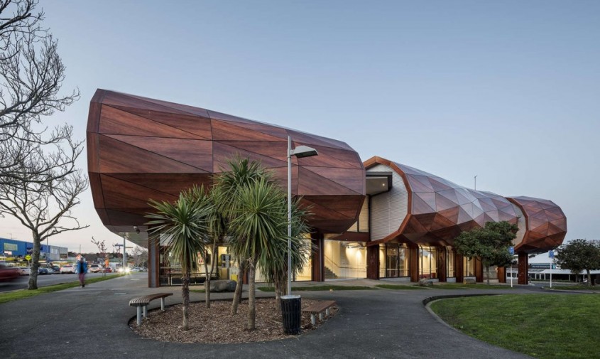 Centrul Te Oro - Volum asemeni unui trunchi de copac, inspirat de designul populatiei Maori