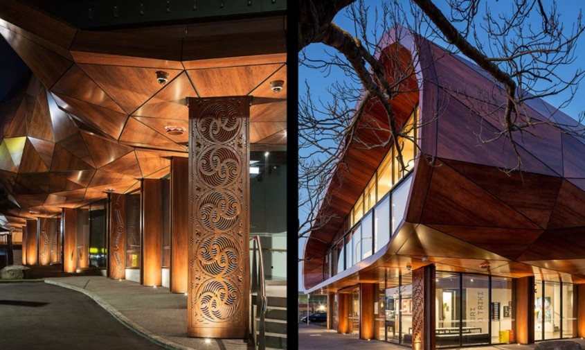 Centrul Te Oro - Volum asemeni unui trunchi de copac, inspirat de designul populatiei Maori