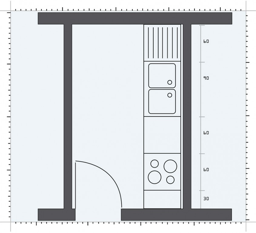 Bucatarie ingusta, cu un singur perete utilizabil - Pozitionarea mobilierului in functie de forma bucatariei