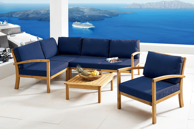 Fotoliu, canapea, masuta din lemn de teak culoare albastru - Seturi mobilier