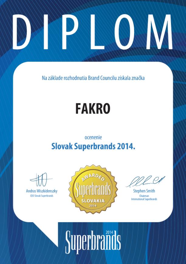 Diploma FAKRO - Gala Superbrands 2014 din Slovacia - Brandul FAKRO a fost premiat la Gala