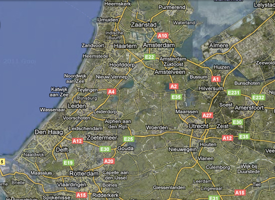 Harta Randstad conurbatia ce cuprinde Amsterdam - Rotterdam - Haga - Utrecht si orasele adiacente acestora