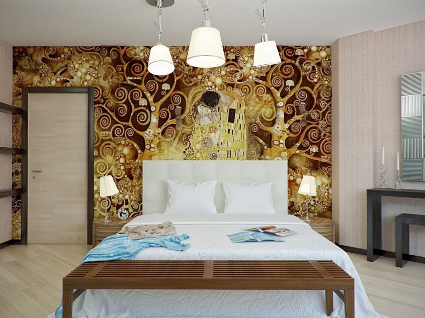 Sarutul lui Klimt pe un perete de dormitor Foto www aldovega com - Amenajari de interior