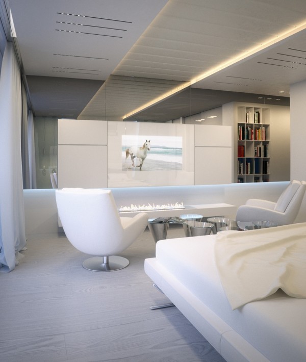 Alexander-Lysak-Visualization-Bedroom-white-flatscreen-and-ethanol-fireplace-600x710 - Alexander Lysak a creat in acest apartament un spatiu contemporan, cald si luxos