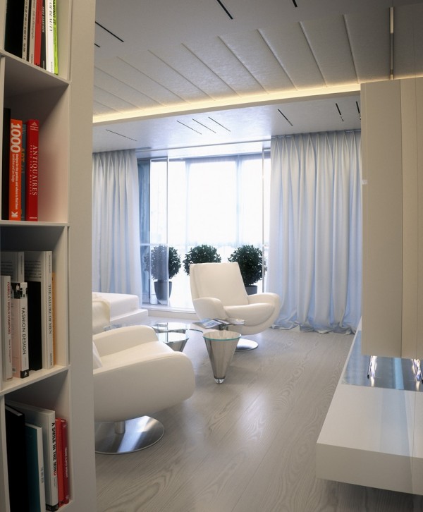 Alexander-Lysak-Visualization-mirrored-hall-to-curtained-white-living-room-600x726 - Alexander Lysak a creat in acest apartament un spatiu contemporan, cald si luxos