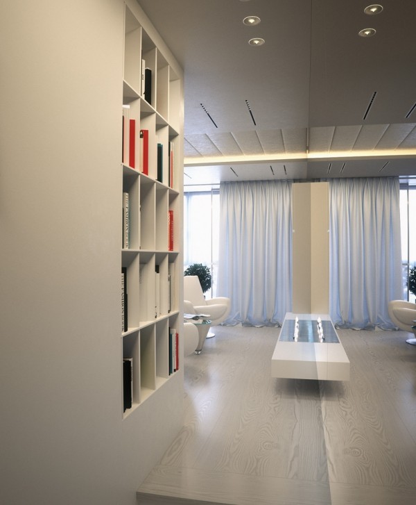 Alexander-Lysak-Visualization-white-nieche-wall-storage-in-mirrored-hall-600x727 - Alexander Lysak a creat in acest apartament un spatiu contemporan, cald si luxos