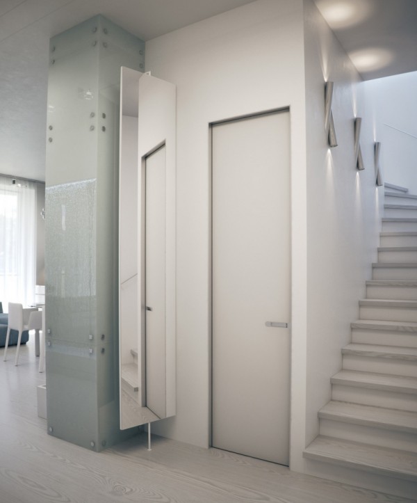 Alexander-Lysak-Visualization-white-stairwell-with-glass-panelled-walls-and-mirror-600x723 - Alexander Lysak a creat in acest apartament un spatiu contemporan, cald si luxos