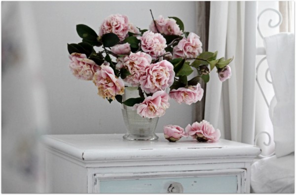 Alb si roz pentru o masuta tip noptiera - Florile dau volum lumina culoare si (fara