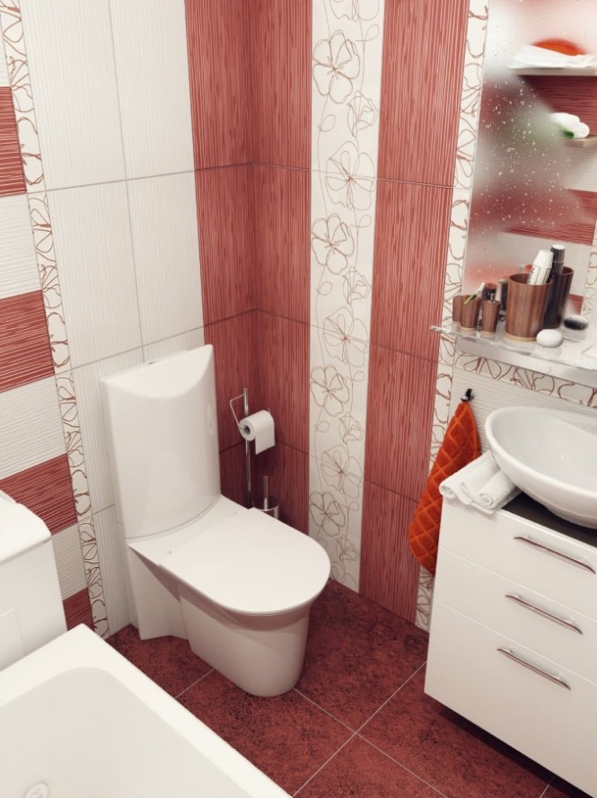 O baie cu decor alb-rosu gandita pentru o perceptie pe verticala - Cinci bai mici in