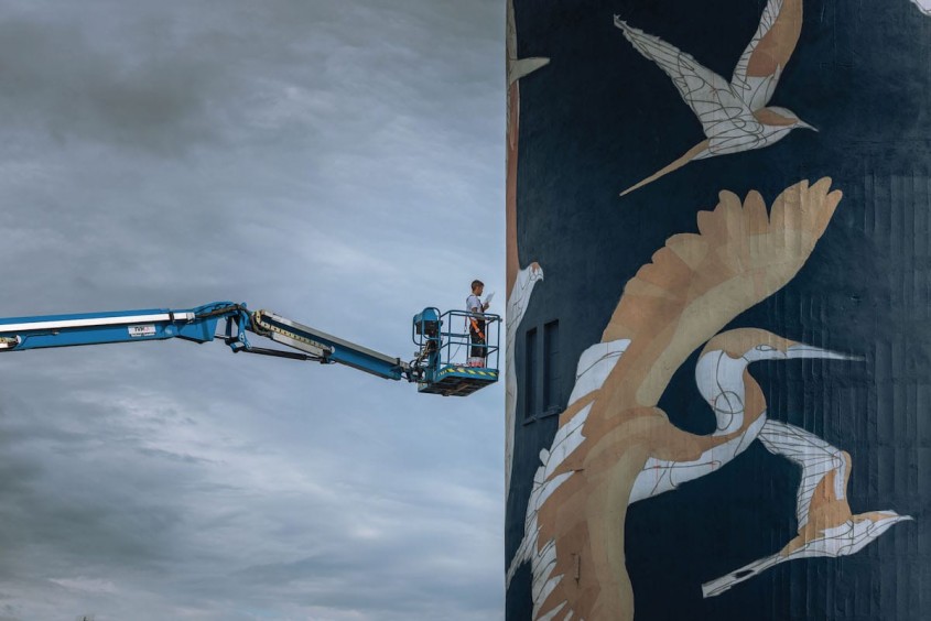 Un turn de apă decorat cu imagini ale păsărilor locale