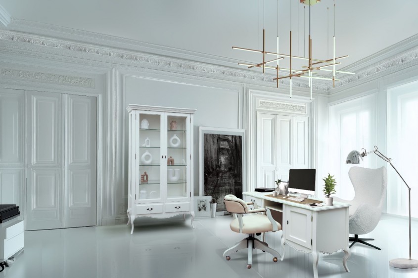 Birou alb clasic reinterpretat într-o amenajare minimalistă cu accente moderne și detalii arhitecturale elegante.