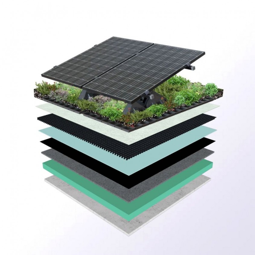 Straturile componente unui acoperiș verde combinat cu panouri PV