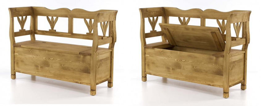 Băncuță din lemn masiv cu spațiu de depozitare design rustic potrivită pentru hol sau terasă în