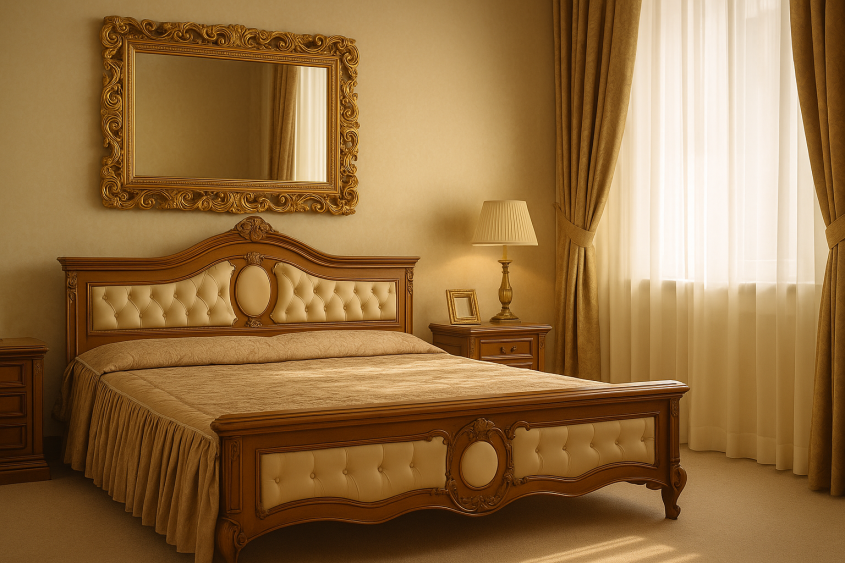 Dormitor elegant în stil Old Money cu pat tapițat noptiere din lemn masiv și oglindă aurie