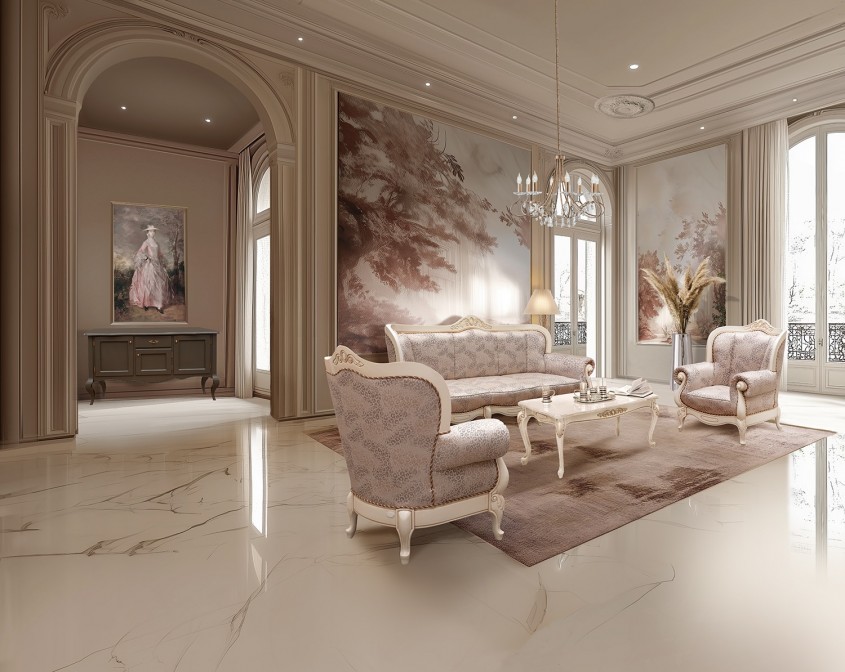 Living elegant în stil clasic cu mobilier crem sculptat pereți cu pictură decorativă și accente arhitecturale