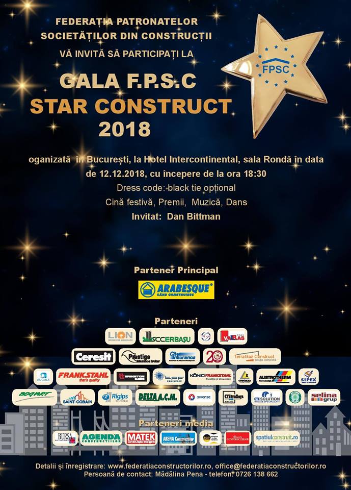 Federația Patronatelor Societăților din Construcții vă invită la Gala Star Construct 2018