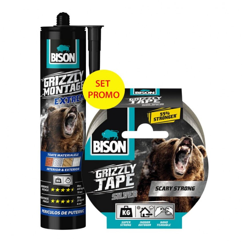 Pachet BISON Grizzly, Adeziv acrilic Montage Extreme și Bandă adezivă texturată pentru reparații.jpg