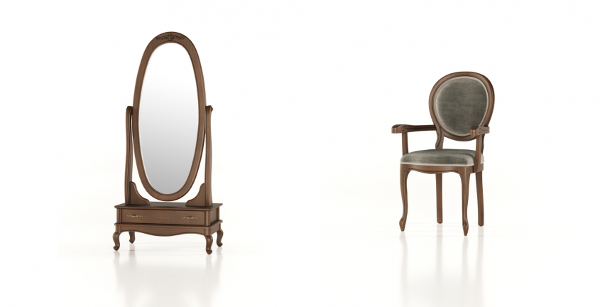 Oglindă clasică cu sertar și scaun cu brațe din lemn masiv finisaj elegant – mobilier outlet