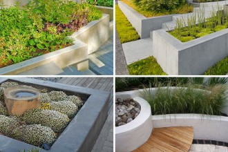Jardiniere din beton pentru o grădină cu multă vegetaţie