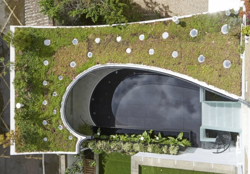 Casă cu acoperiș cu verdeață și piscină care filtrează apa de ploaie