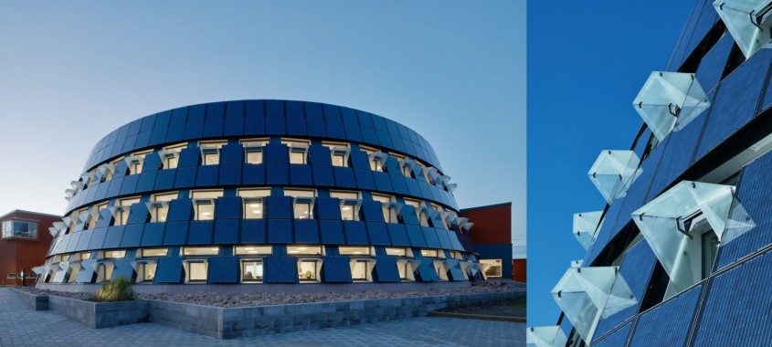 Anvelopantă unei clădiri circulare, realizată din panouri solare