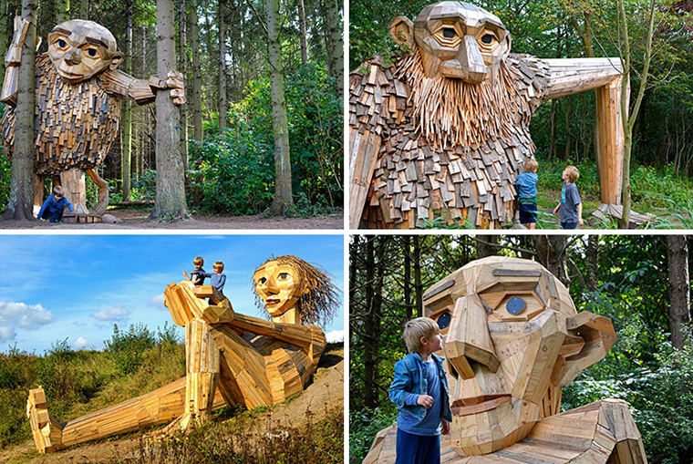 Șase giganți mari de lemn se ascund acum într-o pădure de lângă Copenhaga